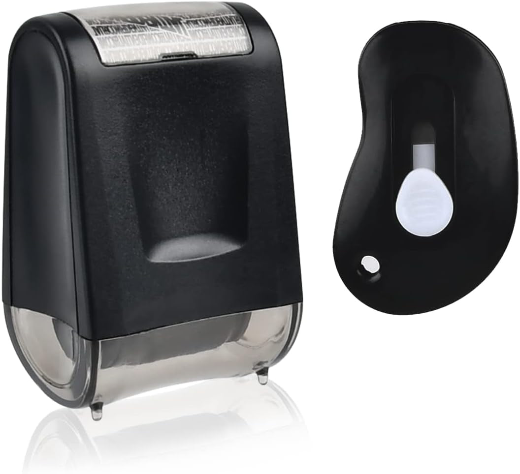 Datenschutz-Rollstempel mit Kartonöffner, Adressen unkenntlich machen, nachfüllbarer Sicherheitsstempel für Pakete, Briefe & Dokumente, 2 in 1 Identitätsschutz, Schwarz – Bild 8